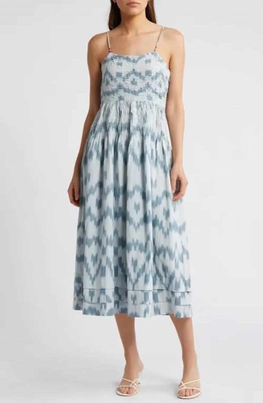 Saylor Adalene Dress Ikat Midi Summer Cotton Cottagecore Boho Blue White Size S